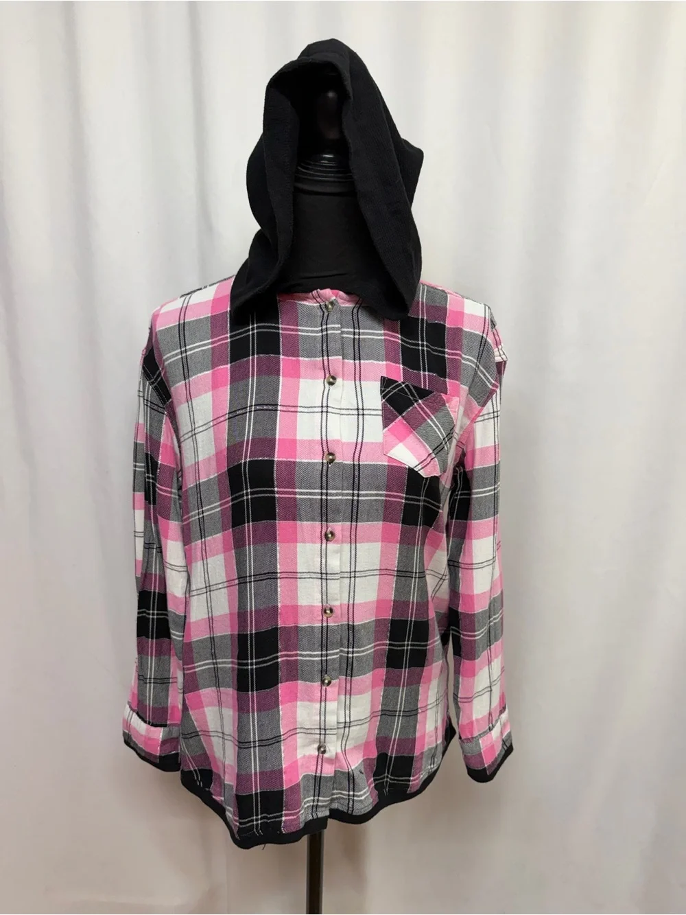 Justice Girls XL 16/18 Pink Black Plaid Hooded Button Front Flannel Shirt